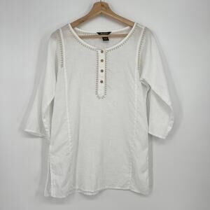 Eddie Bauer 100% Linen Tunic Top Womens Small White Tan Embroidered 3/4 Sleeve